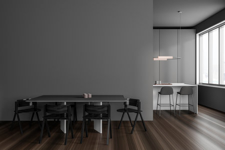 Dark kitchen interior with dining table and bar island with chairs, hardwood floor. Panoramic windows on skyscrapers. Mockup copy space wall. 3D renderingの写真素材