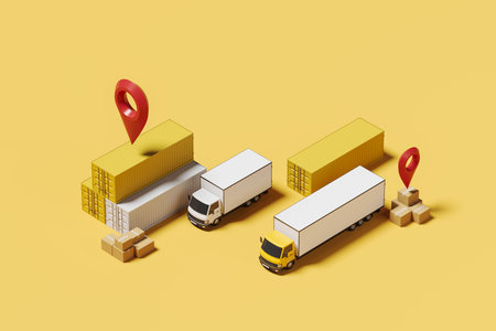 Top view of delivery van and truck with cardboard boxes and containers on yellow background. Concept of logistics and parcels. Mockup copyspace. 3D renderingの写真素材
