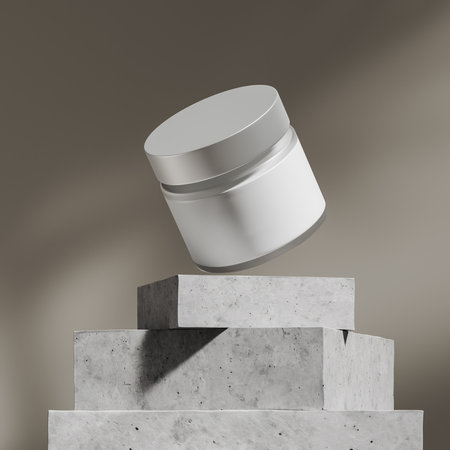 Three concrete plates and cosmetic jar, cream container on gray blurred background. Stone pedestal for presentation. Mockup for product display. 3D renderingの写真素材