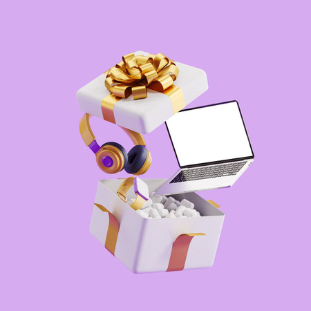 Open gift box with headphones and smart watch, laptop with empty screen on purple background....