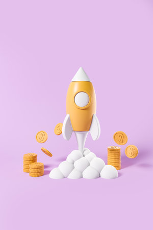 Cartoon rocket rising and gold dollar coins on purple background. Concept of startup and investment. copyspace. 3D renderingの写真素材