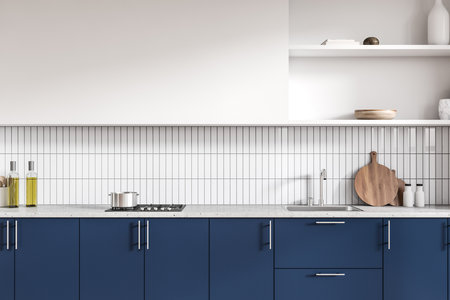 Blue and white kitchen interior with sink and stove, kitchenware and decoration on shelf. Cooking area with oil bottle, pot and dishes. 3D renderingの写真素材