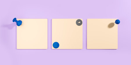 Three mockup empty square stickers fixed with blue push pins, purple background. Concept of note and...