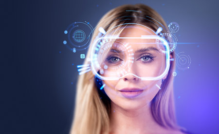 Businesswoman portrait in vr glasses hologram, digital headset with connection, earth sphere and lines. Concept of futuristic technologyの写真素材