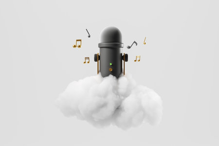 Microphone and musical notes on cloud, light gray background. Concept of streaming. copyspace. 3D...