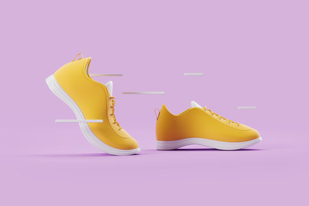 Pair of yellow sneakers moving on purple background. Concept of running and sport. 3D renderingの写真素材