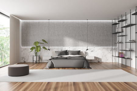 Light bedroom interior bed and shelf with books and decor, pouf on carpet, hardwood floor. Hotel sleeping zone with panoramic window on the tropics. 3D renderingの写真素材