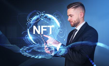 Businessman finger touch tablet, NFT hud hologram with glowing earth globe. Virtual art and cyberspace. Concept of cryptoart and metaverseの写真素材
