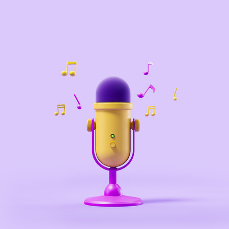 Microphone and musical notes on purple background. Concept of podcast, music and radio. copyspace. 3D renderingの写真素材