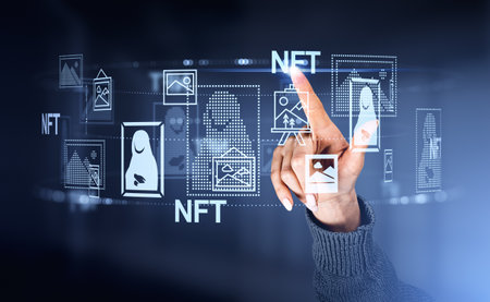 Woman finger touching virtual screen with NFT art, digital gallery tour hologram. Concept of...