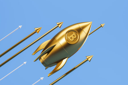 Gold rocket flying and graph lines growing up on blue background. Concept of bitcoin and success. 3D renderingの写真素材