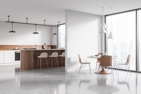 White kitchen interior with bar island and dining corner, side view panoramic window on skyscrapers. Cooking and dining area with kitchenware. Mock up copy space wall. 3D renderingの写真素材