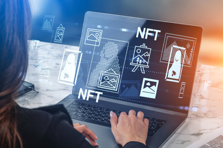 Businesswoman hands working with laptop, digital NFT art gallery hologram of images on screen. Concept of cryptoart and online museumの写真素材