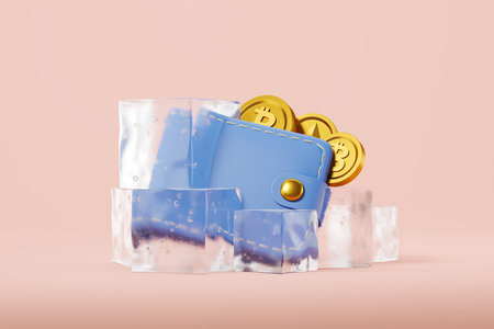 Hardware wallet and cryptocurrency coins in ice cubes on pink background. Concept of crypto winter...