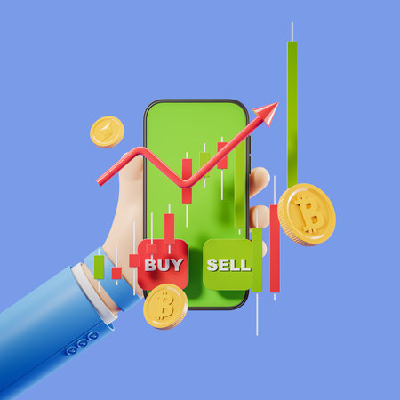 Cartoon hand with smartphone. Financial graph, stock market candlesticks with buy and sell icons on blue background. Concept of online trading. 3D renderingの写真素材