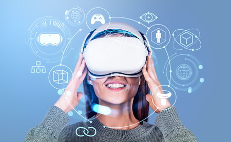 Happy businesswoman in vr glasses, metaverse hologram hud with accessories and connection icons....