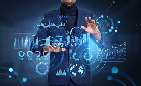 Black businessman hands touching virtual screen with forex analysis hud, stock market candlesticks...