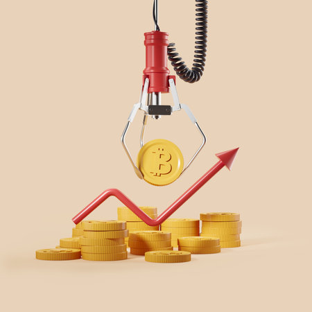 Red robotic claw grip gold bitcoin and red rising arrow on beige background. Concept of investment...