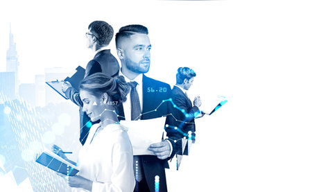 Group of business people wearing formal wear work together standing holding notes and clipboard. City skyscrapers and forex chart in background. Concept of pondering business person, lawyer, contractの写真素材