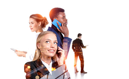 Group of business people work together having online conference call via smartphones. white...