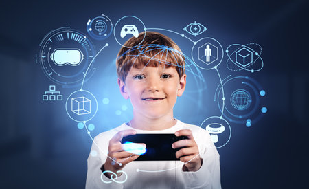 Child boy using phone, metaverse hologram with different glowing icons. Online education and gaming in virtual reality. Concept of development and learningの写真素材