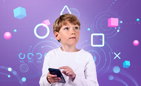 Child boy finger touch phone, metaverse digital hud hologram with geometric figures and data statistics on purple background. Concept of virtual realityの写真素材