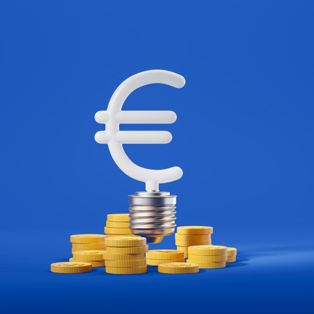 Abstract euro light bulb and stack of gold coins, blue background. Concept of electricity and high price. 3D renderingの写真素材