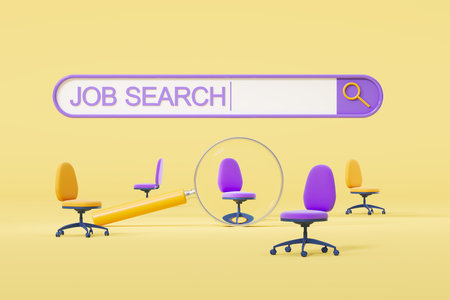 Job search written in a web bar, magnifying glass zoom in office armchair. Concept of vacancy and job finding. 3D renderingの写真素材