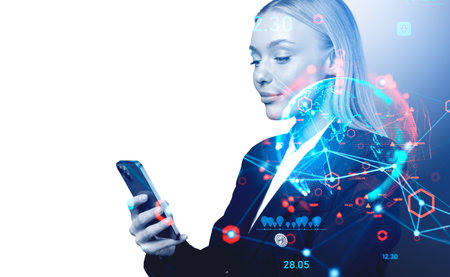 Businesswoman using phone in hand, smiling silhouette with glowing earth globe and connection hologram. Concept of worldwide communication. copy spaceの写真素材