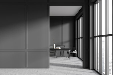 Front view on dark living room interior with table, armchairs, panoramic window, crockery, books,...