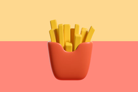 French fries mock up empty red package on colorful background. Concept of fast food. 3D renderingの写真素材