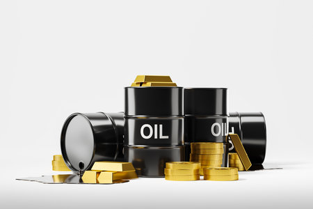Black oil barrels and gold bars with coins on white background. Concept of gasoline and investment. copyspace. 3D renderingの写真素材