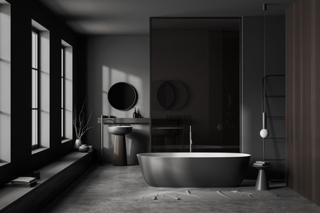 Dark bathroom interior with bathtub and glass partition, double sink with accessories. Bathing area with panoramic window. 3D renderingの写真素材