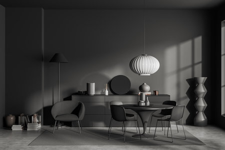Dark living room interior with round table and chairs, armchair with lamp on carpet on gray concrete floor. Relaxing area and sideboard with minimalist decor. 3D renderingの写真素材