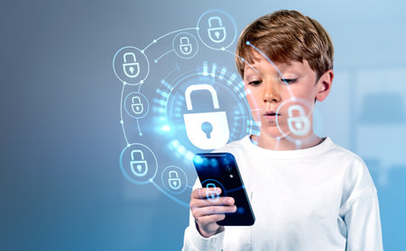 Child school boy with smartphone, digital cybersecurity hologram with glowing lock circuit....