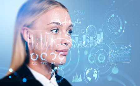 Businesswoman smiling portrait and forex analysis hud, stock market candlesticks with lines and...