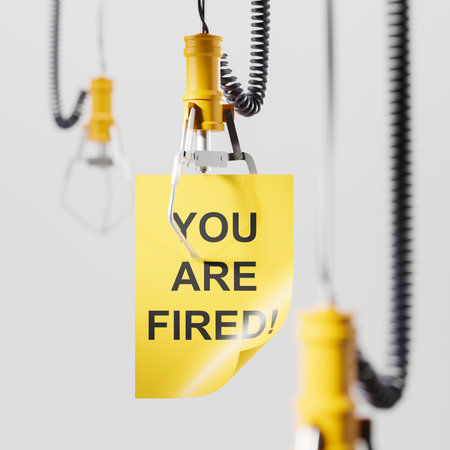 Yellow robotic arm claw with a paper note with you are fired. Concept of robots replacing human. 3D...