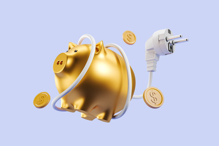 Electrical cord and gold piggy bank, falling coins on blue background. Concept of electricity and price rise. 3D renderingの写真素材