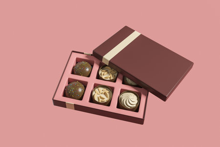 Open brown box with six chocolate sweets on pink background. Concept of gift and treat. Mockup...