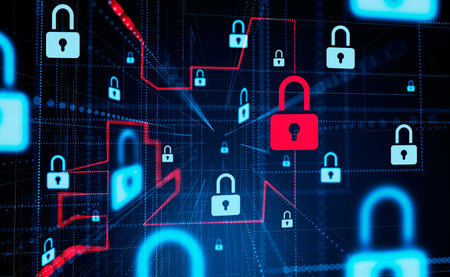 Digital cybersecurity hud hologram with glowing locks and data storage. Red padlock with line,...