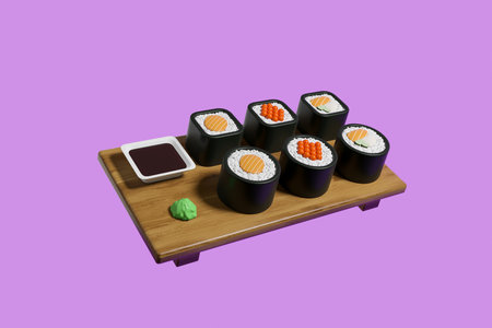 Sushi set on a wooden board, maki rolls with sauce and wasabi on purple background. Concept of meal and japanese cuisine. 3D renderingの写真素材