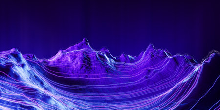 Abstract metaverse mountain landscape, cyber online connection and digital world. Artificial...