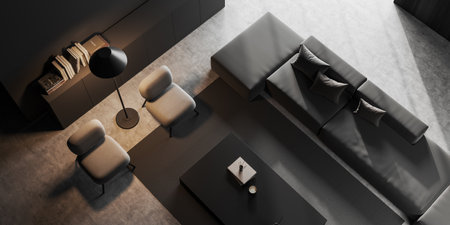 Top view of dark living room interior with sofa, armchair and coffee table with art decoration....