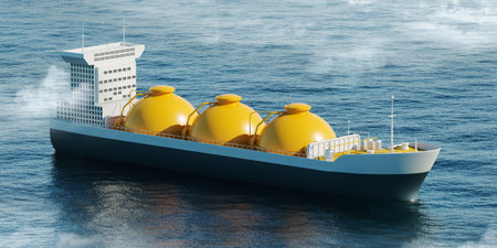 Gas tanker sailing in ocean water, side view three yellow gas tanks. Concept of shipping of LNG. 3D...