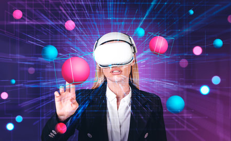 Businesswoman wearing vr headset is watching at metaverse reality with blockchain system. purple...
