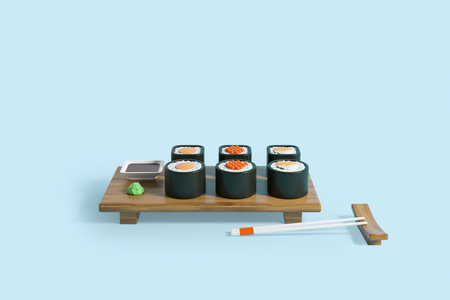 Sushi set on a wooden board, maki rolls and chopsticks on blue background. Concept of snack and japanese restaurant. copyspace. 3D renderingの写真素材