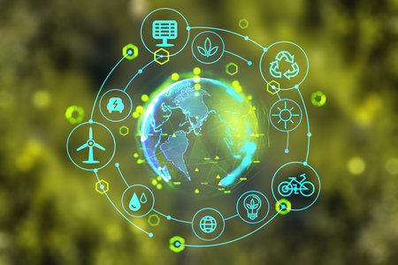 Earth sphere hologram and glowing eco hud with diverse resources icons on blurred green background. Concept of green energy and technology. 3D renderingの写真素材