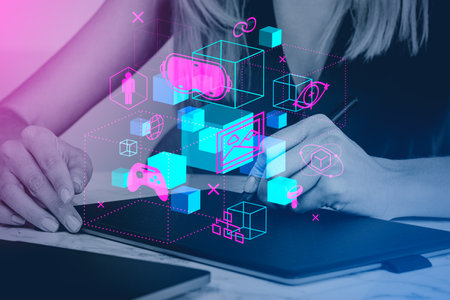 Woman graphic designer drawing with stylus, double exposure hologram hud with data blocks. Cryptoart...