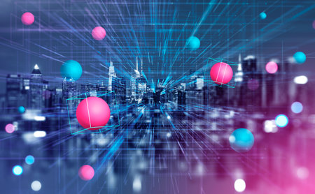New York skyline at night and digital hologram of spheres and blocks floating, lines and connection...