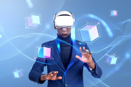 African American businessman wearing vr headset is watching at metaverse reality with blockchain...